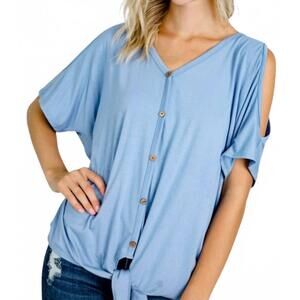 NEW DIVA USA demetria cold shoulder button down tie top in indigo blue